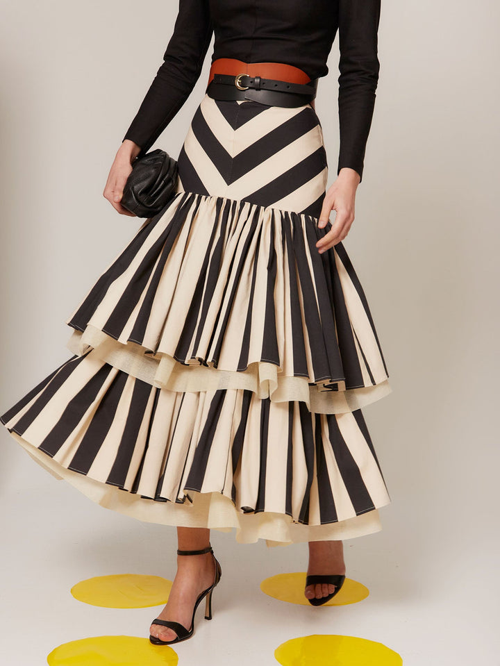 CHEVRON STRIPED TIERED RUFFLE MIDISKIRT