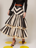 CHEVRON STRIPED TIERED RUFFLE MIDISKIRT