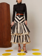 CHEVRON STRIPED TIERED RUFFLE MIDISKIRT