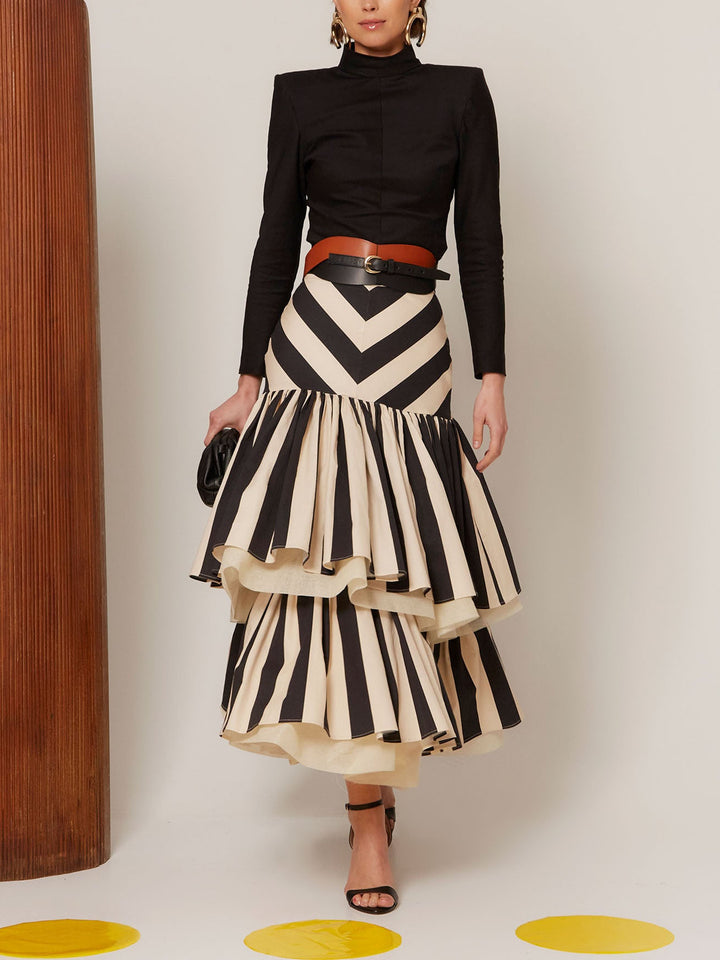 CHEVRON STRIPED TIERED RUFFLE MIDISKIRT
