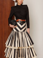 CHEVRON STRIPED TIERED RUFFLE MIDISKIRT