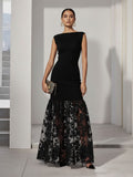 BOAT NECK BLACK LACE APPLIQUE KNIT MAX DRESS