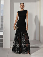 BOAT NECK BLACK LACE APPLIQUE KNIT MAX DRESS
