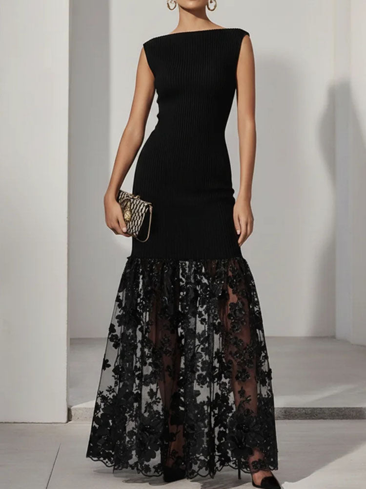 BOAT NECK BLACK LACE APPLIQUE KNIT MAX DRESS