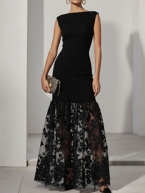 BOAT NECK BLACK LACE APPLIQUE KNIT MAX DRESS