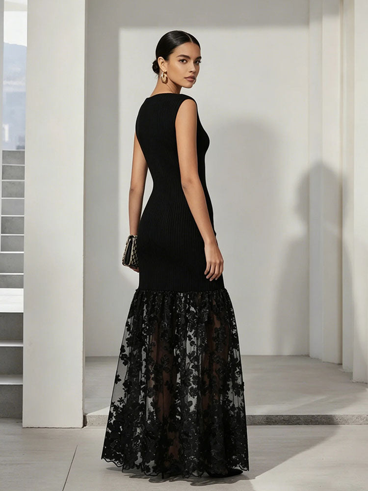 BOAT NECK BLACK LACE APPLIQUE KNIT MAX DRESS