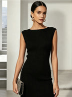 BOAT NECK BLACK LACE APPLIQUE KNIT MAX DRESS