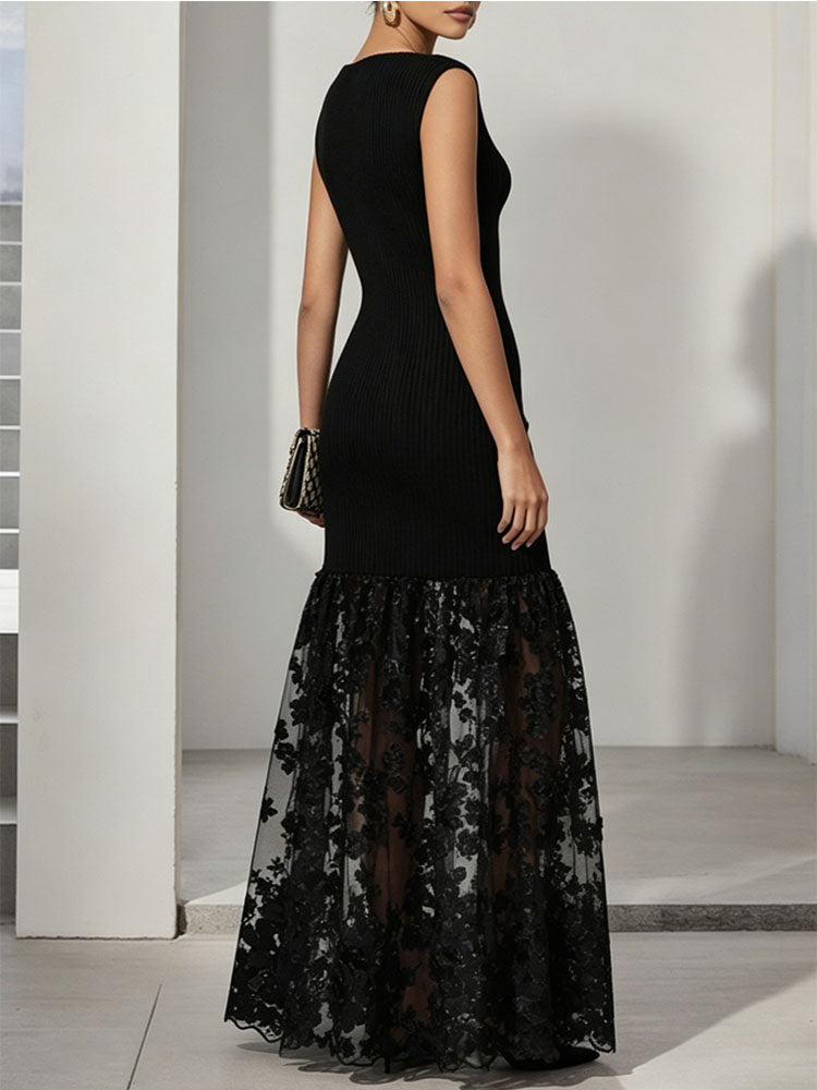BOAT NECK BLACK LACE APPLIQUE KNIT MAX DRESS