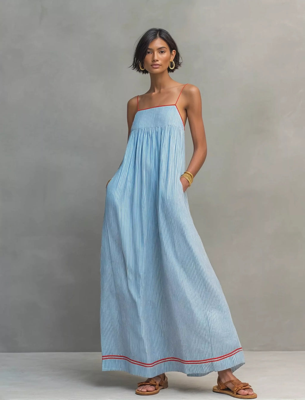 Women's Minimalist Striped Maxi Dress With Red Trim And Spaghetti Straps