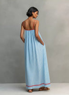 Women's Minimalist Striped Maxi Dress With Red Trim And Spaghetti Straps