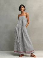 Women's Minimalist Striped Maxi Dress With Red Trim And Spaghetti Straps