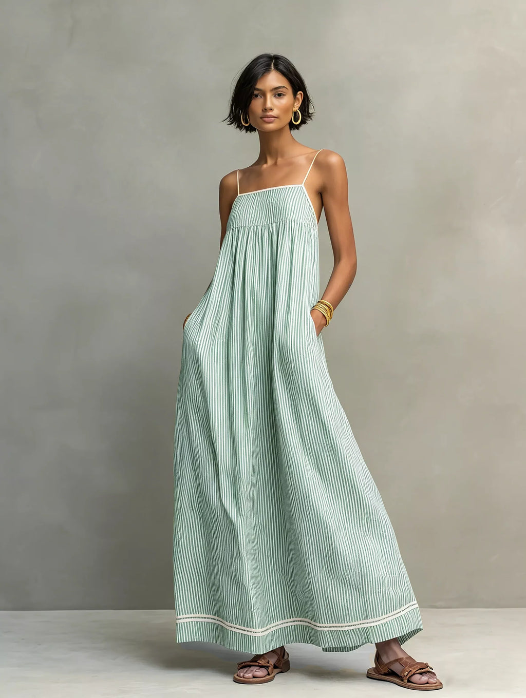 Women's Minimalist Striped Maxi Dress With Red Trim And Spaghetti Straps