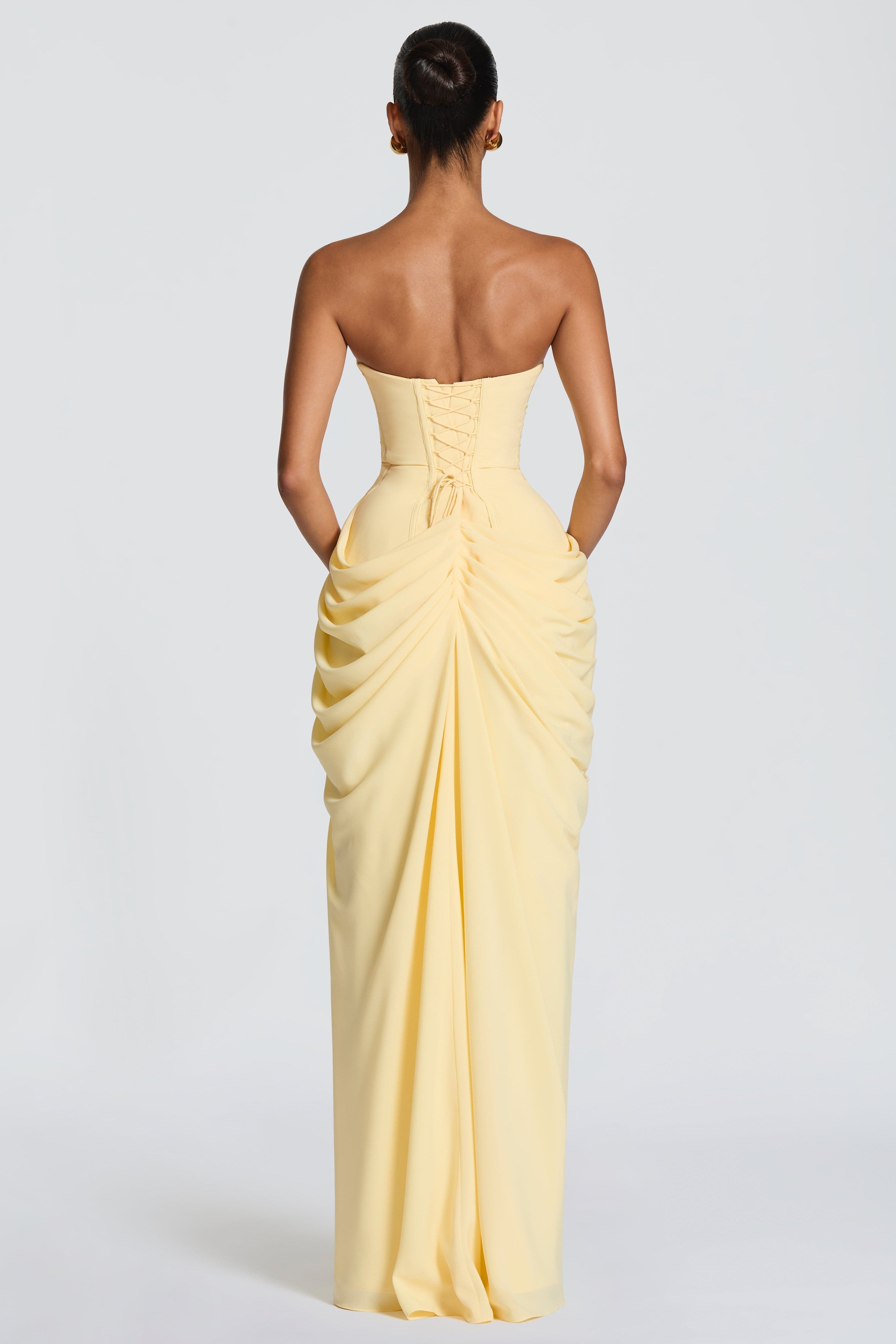 Cyra Back Lace-up Asymmetrical Pleats Strapless Slit Maxi Dress