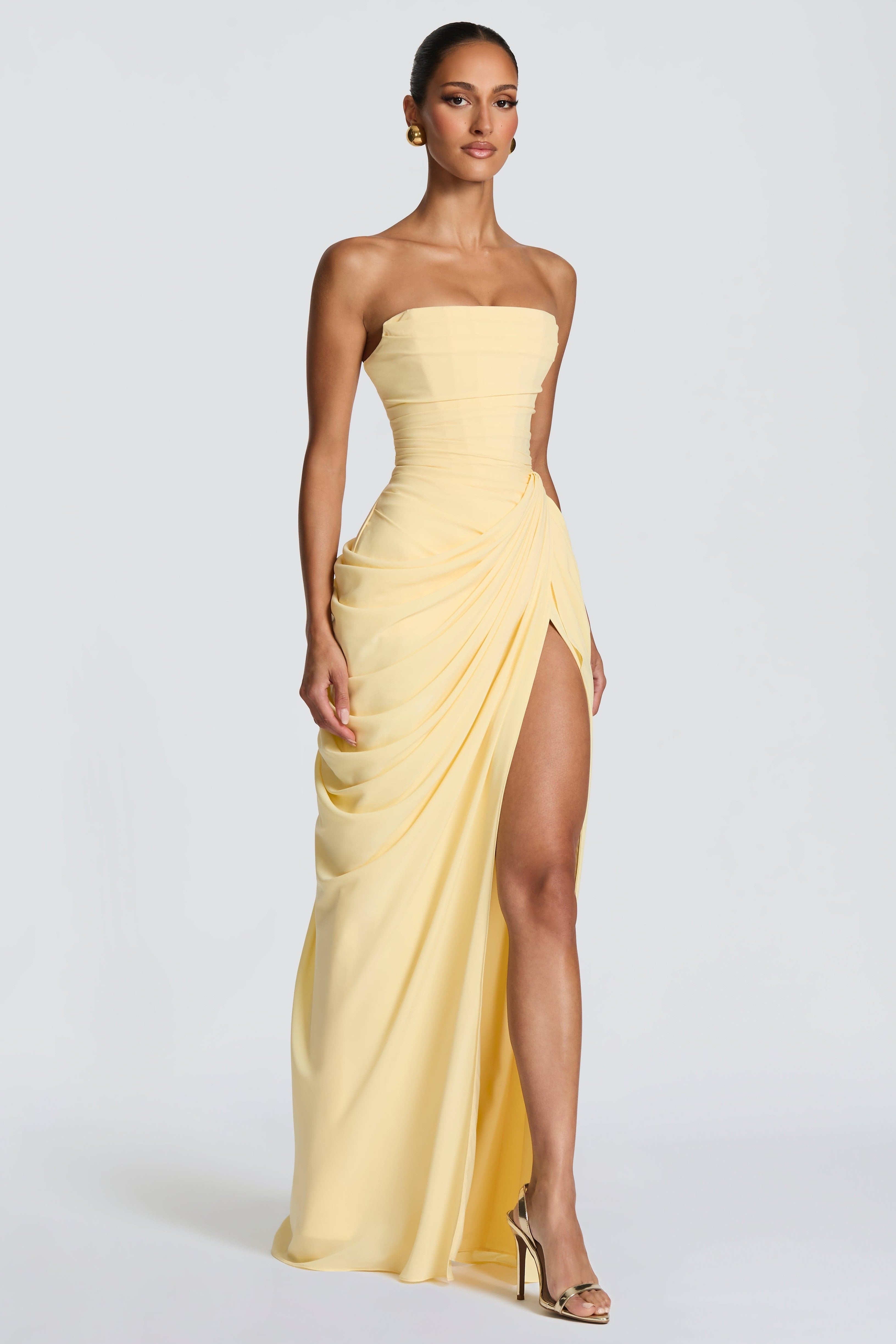 Cyra Back Lace-up Asymmetrical Pleats Strapless Slit Maxi Dress
