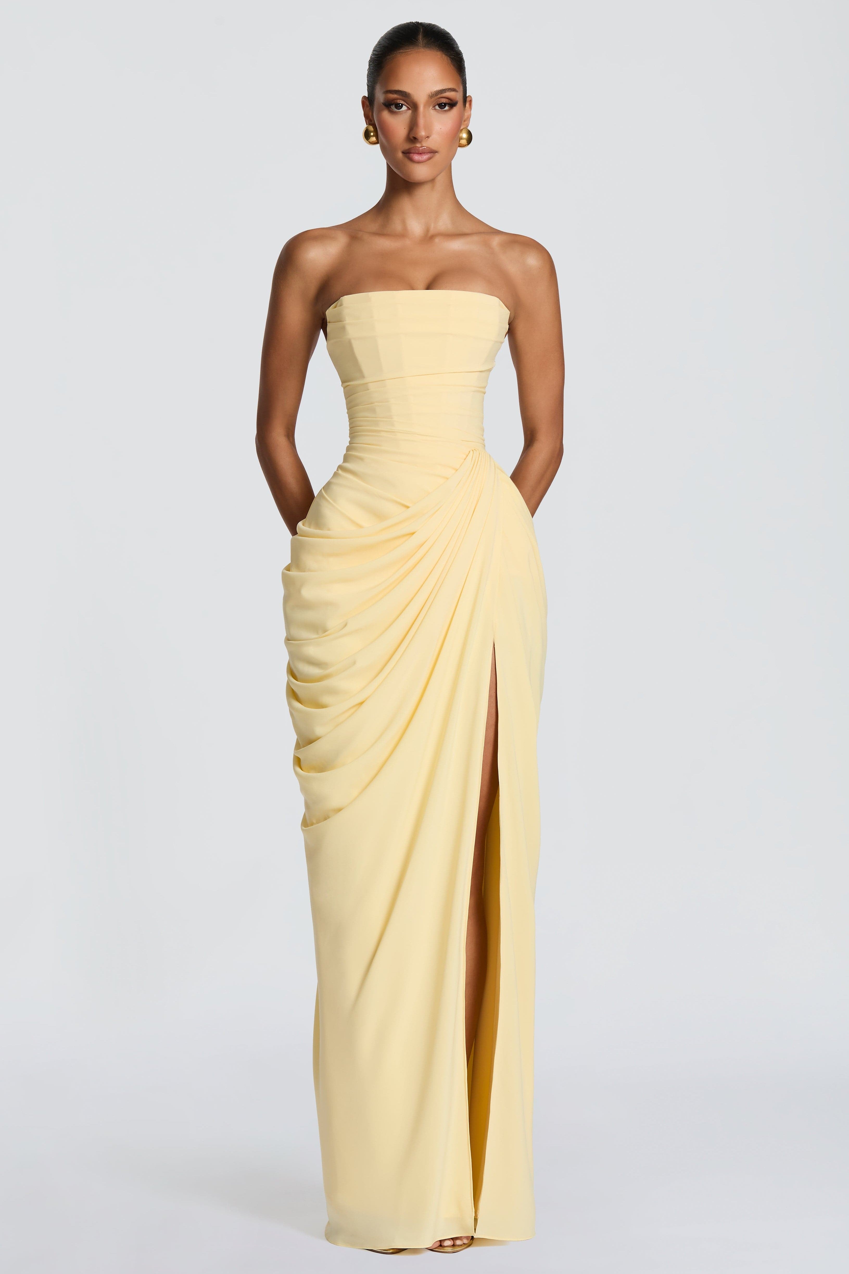 Cyra Back Lace-up Asymmetrical Pleats Strapless Slit Maxi Dress