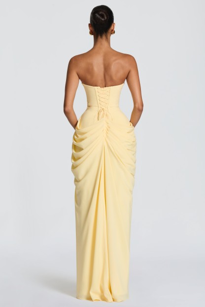 Cyra Back Lace-up Asymmetrical Pleats Strapless Slit Maxi Dress