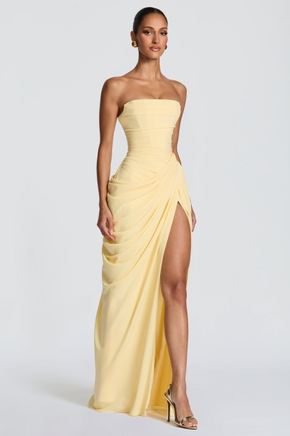 Cyra Back Lace-up Asymmetrical Pleats Strapless Slit Maxi Dress