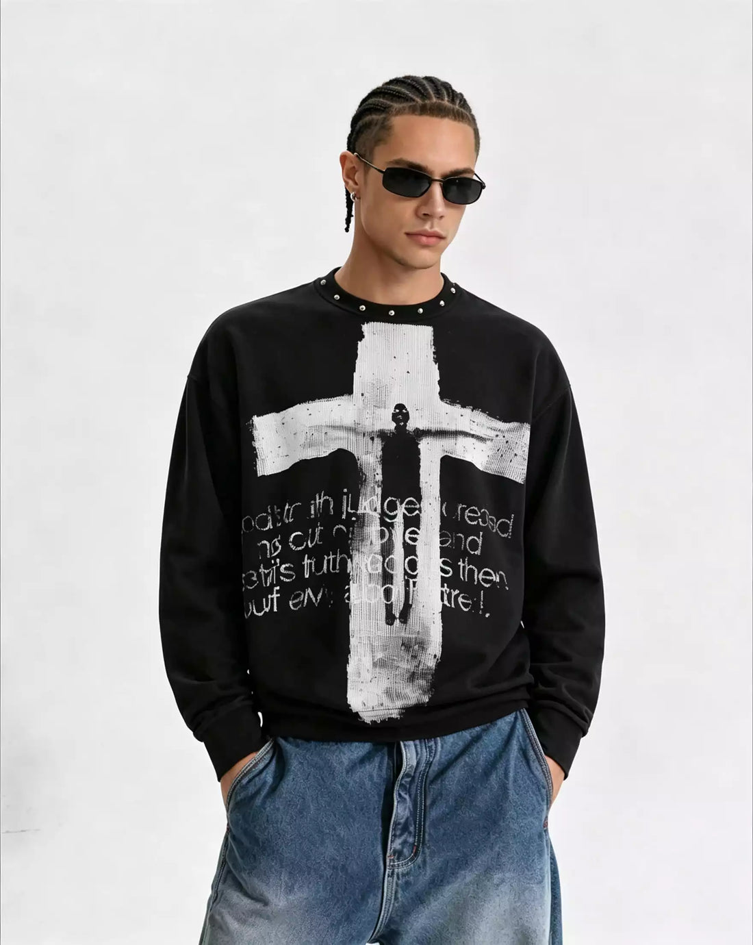 Gothic Cross Graphic Waffle Knit Long Sleeve Tee