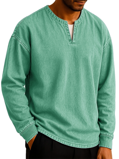 Men's Stylish Casual Outdoor V-neck Distressed Loose-fitting Long-sleeved T-shirt