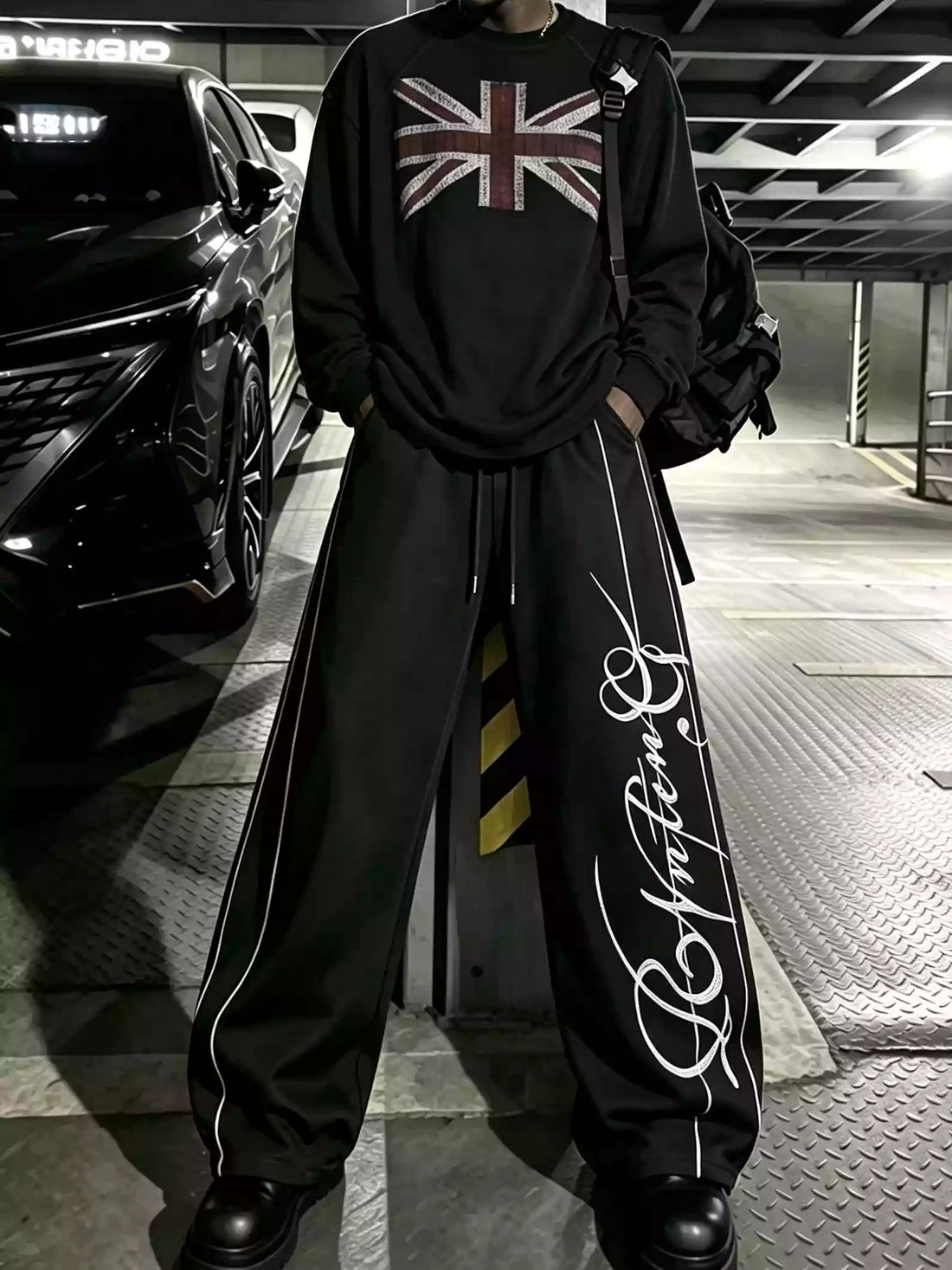 Script Embroidered Piped Wide-Leg Sweatpants