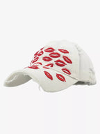 Red Lip Embroidery Distressed Baseball Cap