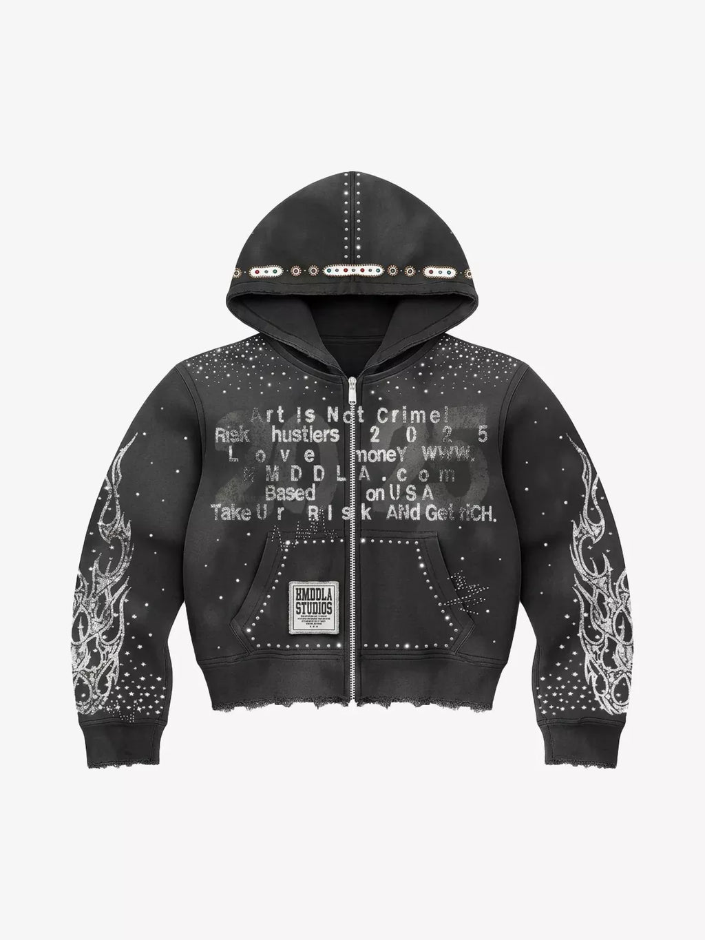 Studded Flame Streetwear Zip-Up Hoodie