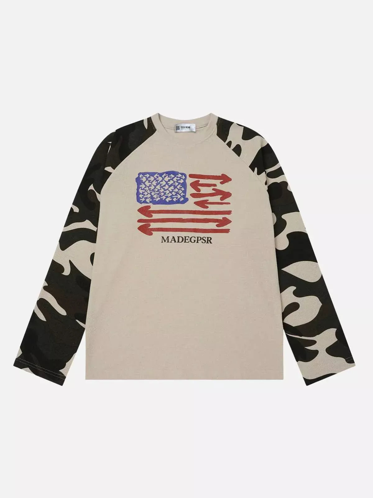 Camo Spliced Graphic Waffle Long Sleeve Tee