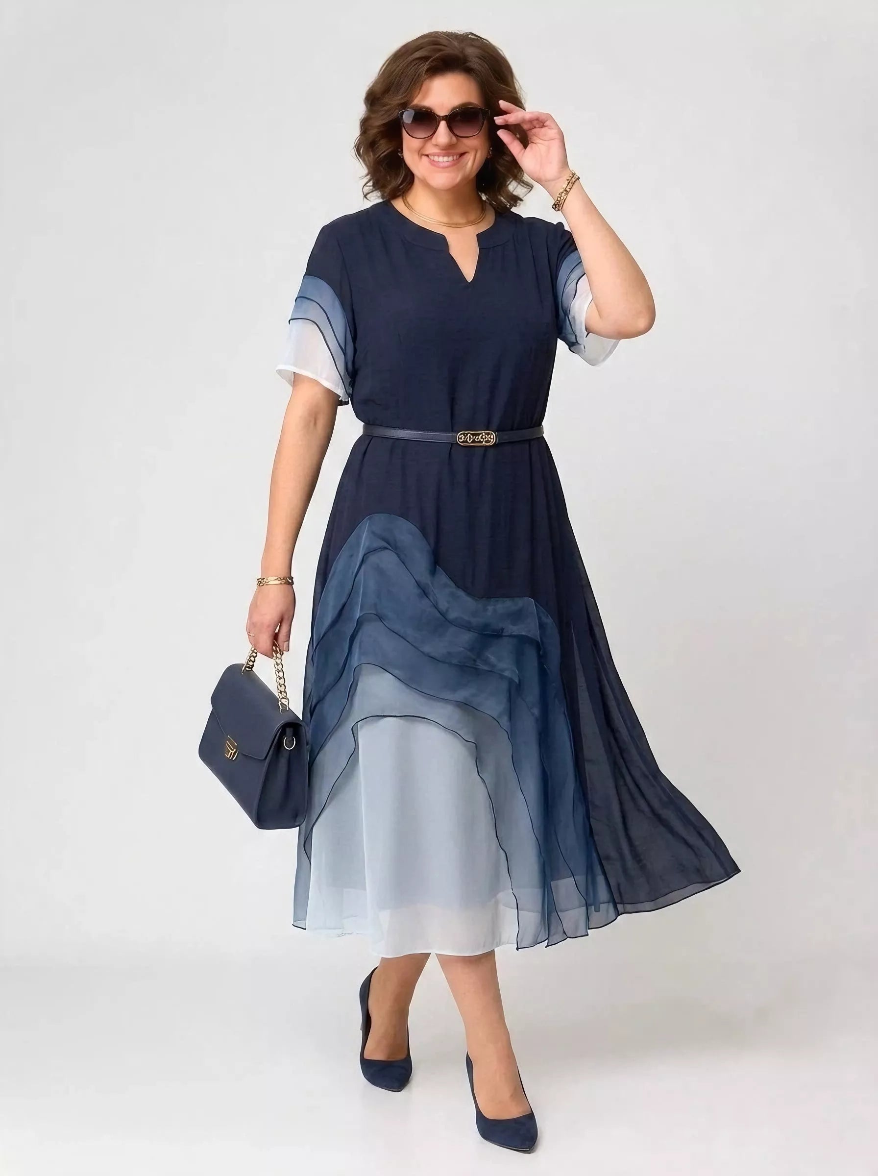 Elysian Gradient Tiered Chiffon Midi Dress in Navy