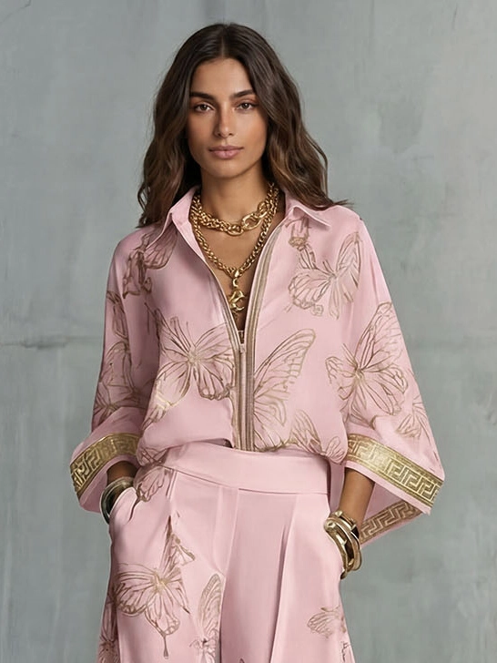 Elegant Butterfly Print Zip-Up Top & Wide Leg Pants Set