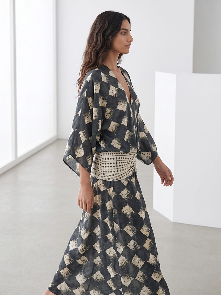Casual Abstract Plaid Print Kimono Sleeve Maxi Dress