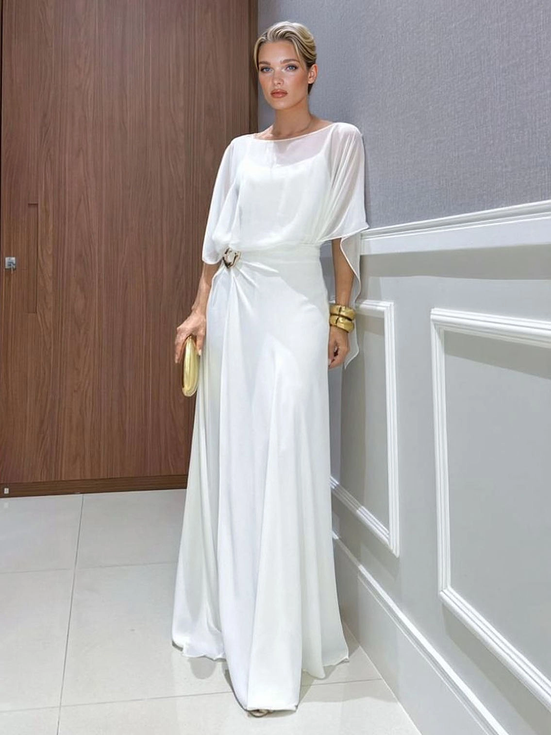 Elegant Blue Chiffon Cape Top & Wide-Leg Pants Two-Piece Set