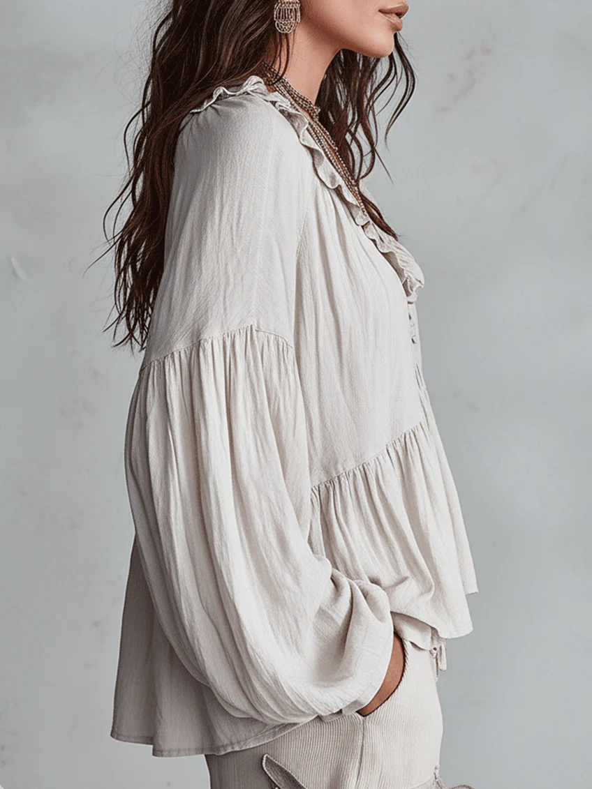 Airy Vintage-Inspired Ruffle Soft Ruffle Bohemian Blouse