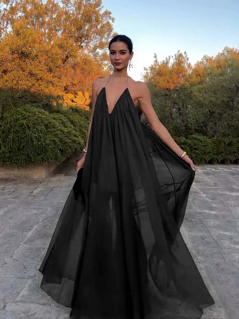 Elegant V-neck Chiffon Flowy Maxi Dress