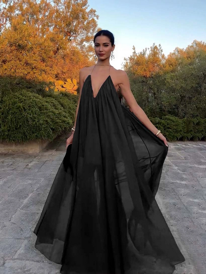 Elegant V-neck Chiffon Flowy Maxi Dress