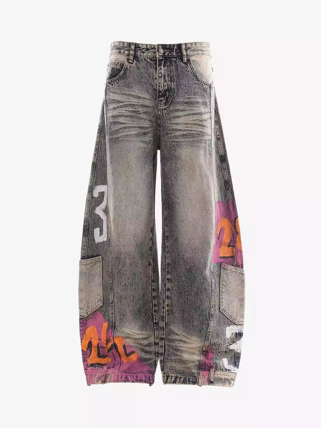 Hand-Painted Distressed Curved-Seam Jeans