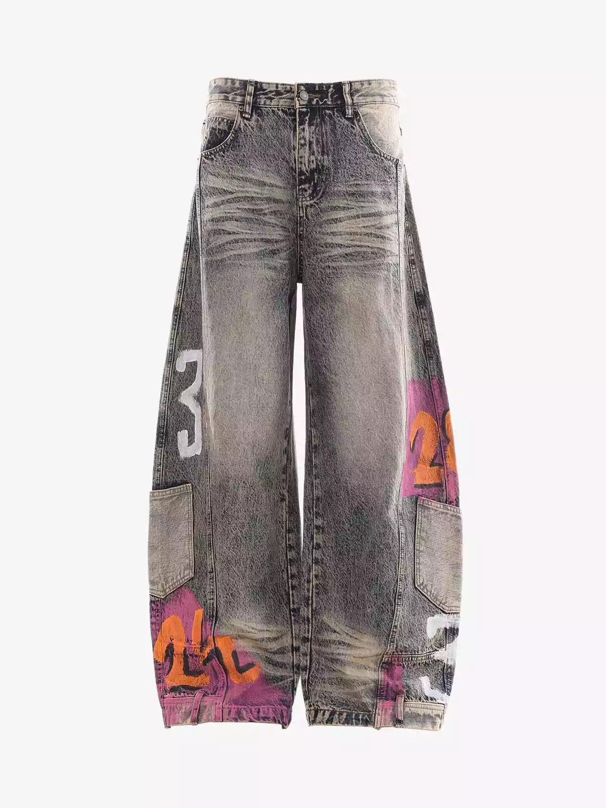 Hand-Painted Distressed Curved-Seam Jeans