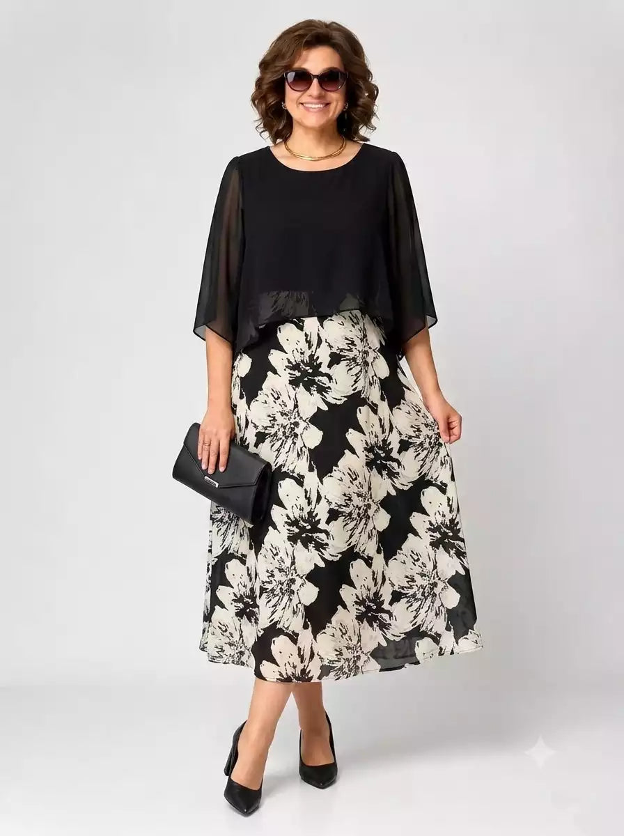 Elegant Floral Chiffon Layered Midi Dress with Sheer Capelet Top