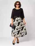 Elegant Floral Chiffon Layered Midi Dress with Sheer Capelet Top