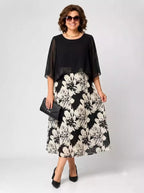 Elegant Floral Chiffon Layered Midi Dress with Sheer Capelet Top
