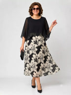 Elegant Floral Chiffon Layered Midi Dress with Sheer Capelet Top