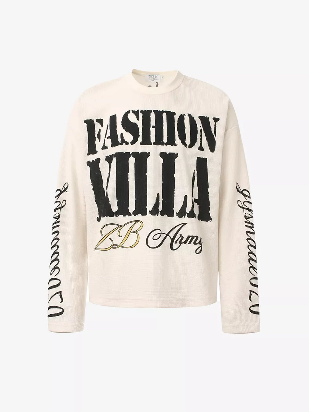 Retro Letter Print Waffle Knit Long Sleeve Tee