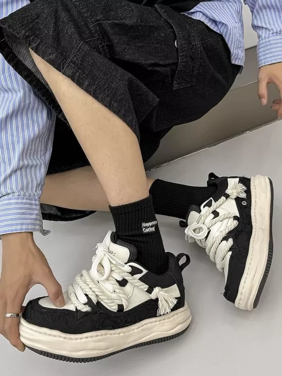 Niceprimes Tasseled Thick Rope Lace Distressed Skate Platform Sneakers