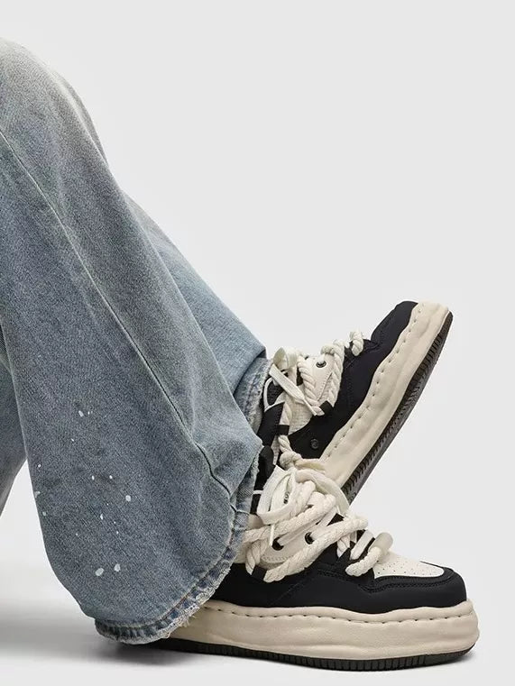 Niceprimes Tasseled Thick Rope Lace Distressed Skate Platform Sneakers