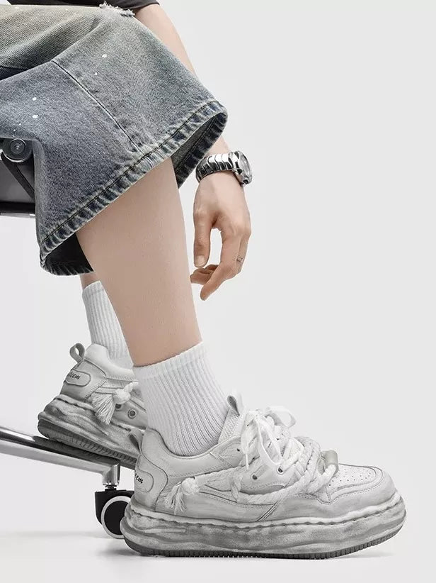 Niceprimes Tasseled Thick Rope Lace Distressed Skate Platform Sneakers