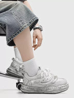 Niceprimes Tasseled Thick Rope Lace Distressed Skate Platform Sneakers