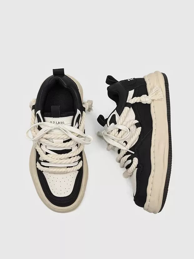 Niceprimes Tasseled Thick Rope Lace Distressed Skate Platform Sneakers