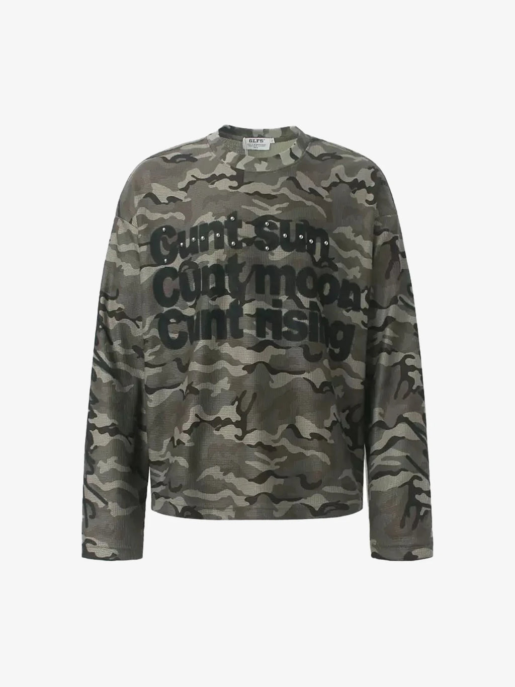 Camo-Print Studded Letter Waffle-Knit Long-Sleeve Shirt