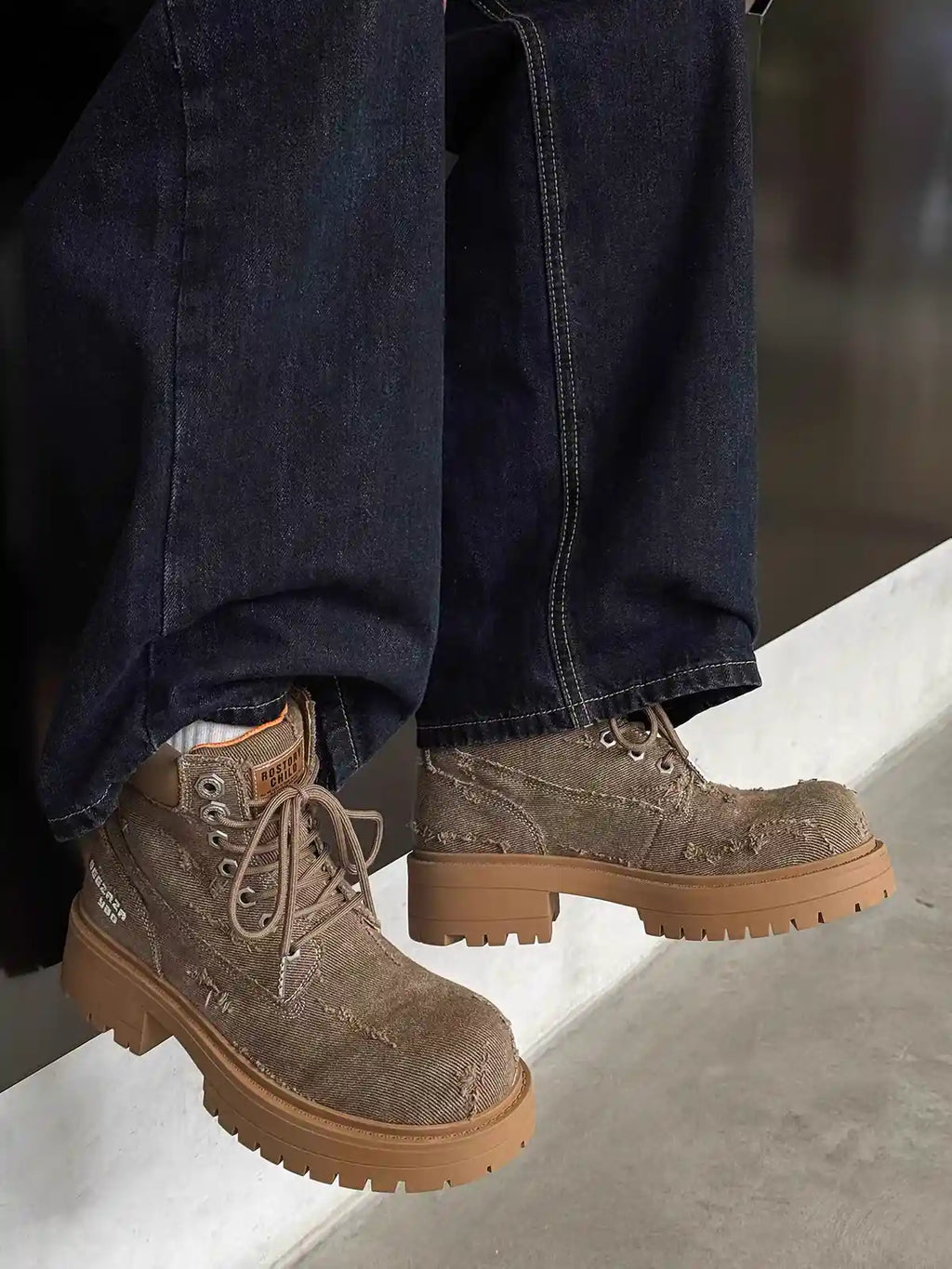 Distressed-Denim Broad-Toe Chunky Platform Boot