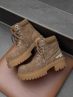 Distressed-Denim Broad-Toe Chunky Platform Boot