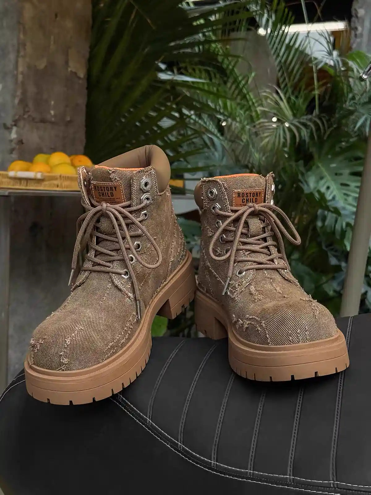 Distressed-Denim Broad-Toe Chunky Platform Boot